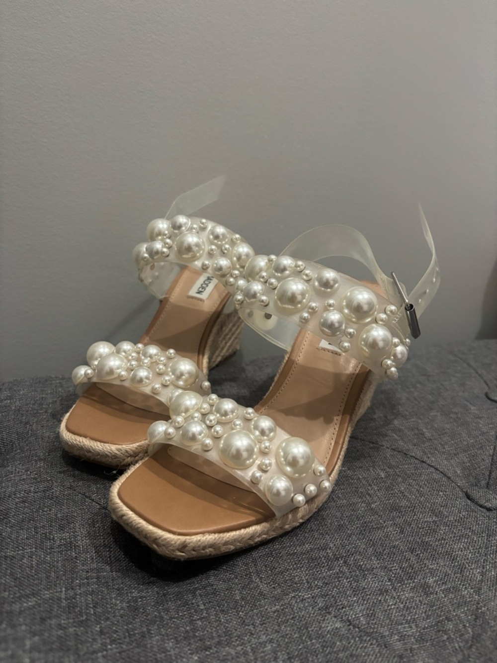 Steve Pearl Embellished Clear Strap Wedge Sandals